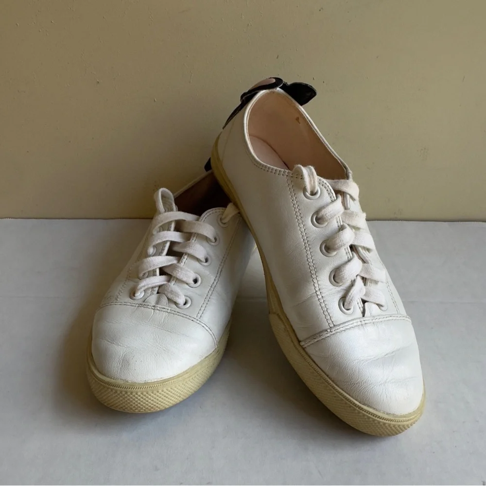 Kate Spade Lucie White Leather French Bulldog Novelty Sneakers Size 5 1/2
